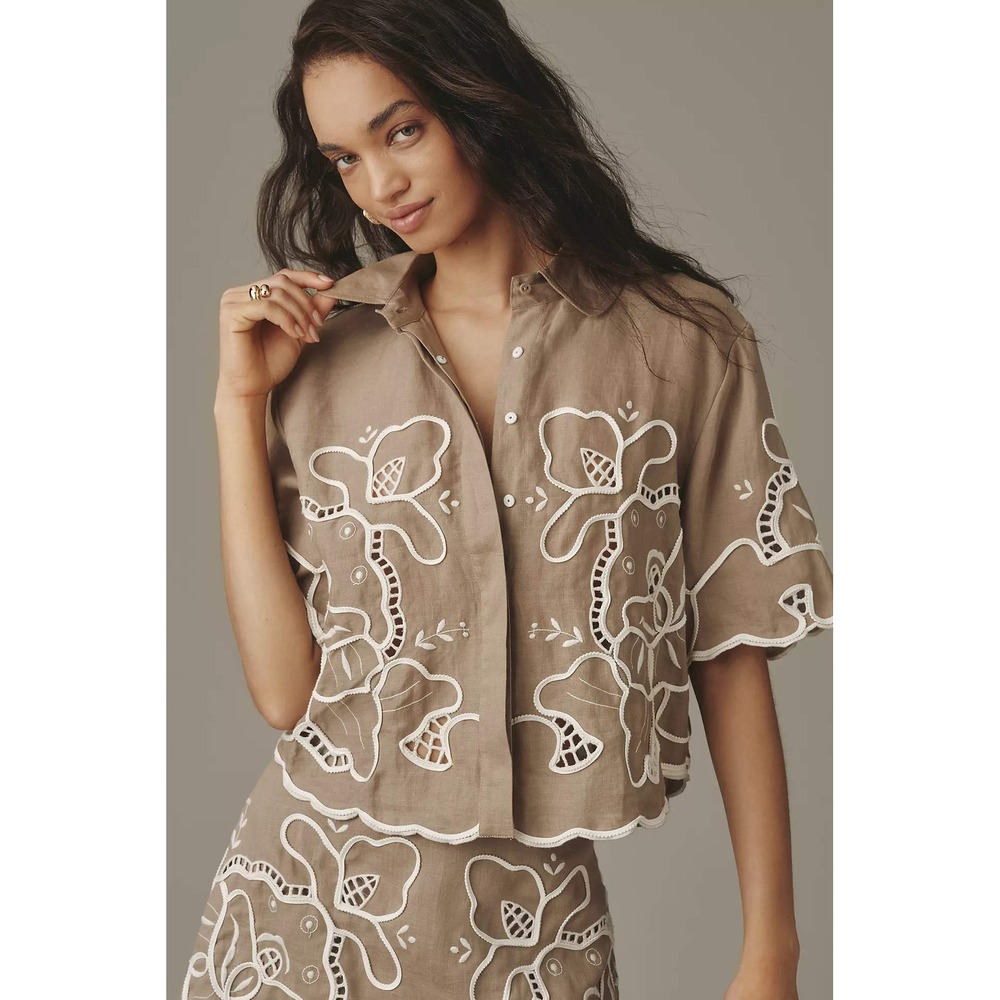 Lovaan Milicent Eyelet Buttondown Linen Shirt Tan Khaki Floral Scalloped Top- 10